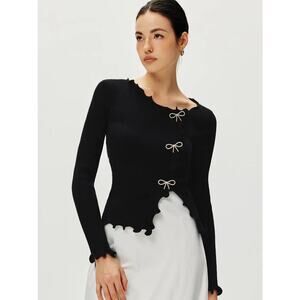 Commense Rhinestone Bow Lettuce Trim Chic Girly Black Stretch Sweater XL